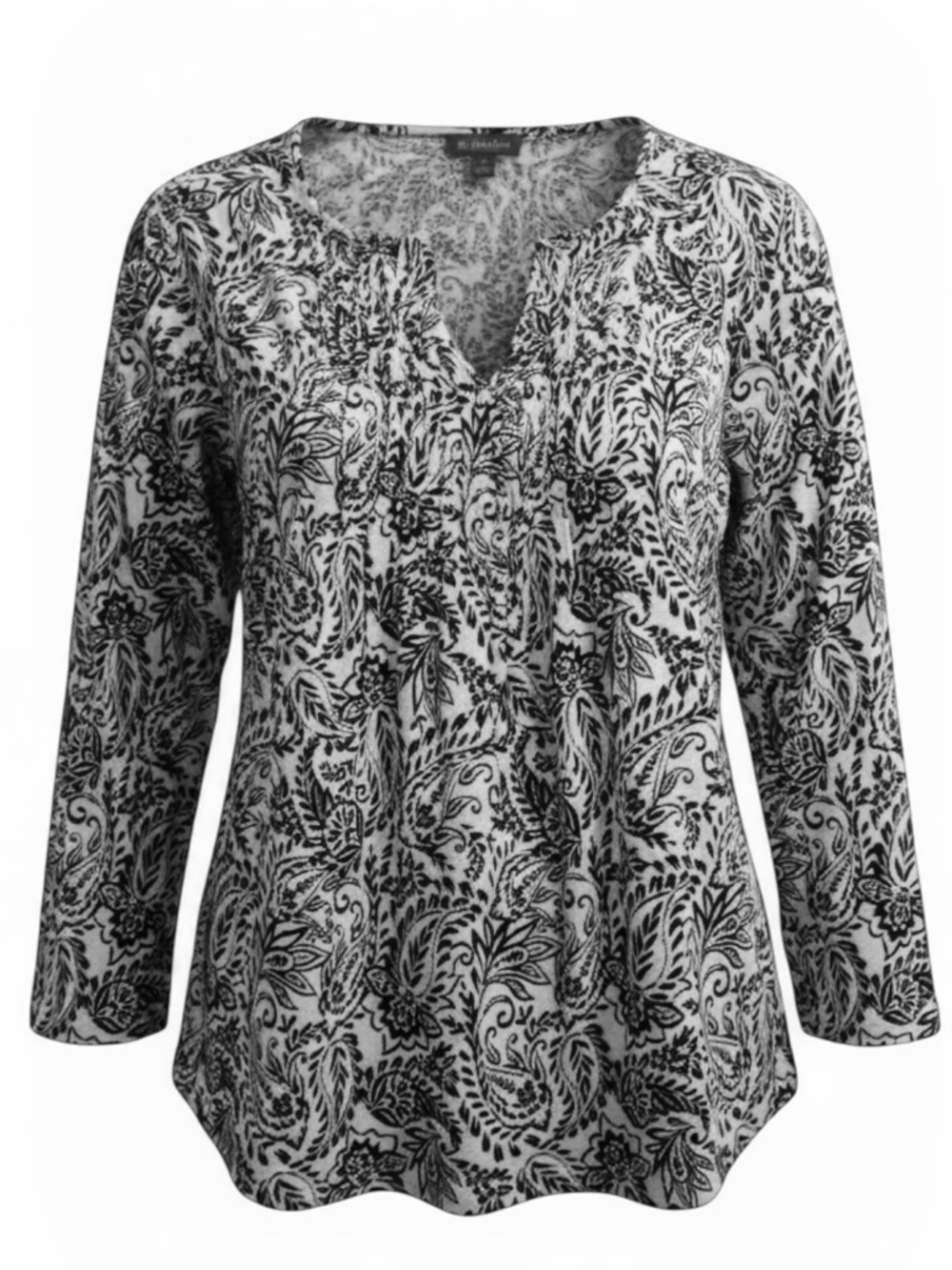 Style & Co Black & White Paisley V-Neck Pintuck Women's Top Size M